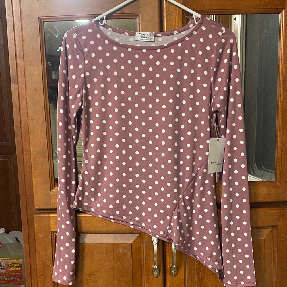 Mauve Polka Dot Long Sleeve  Small Asymmetrical Top NWT Spring